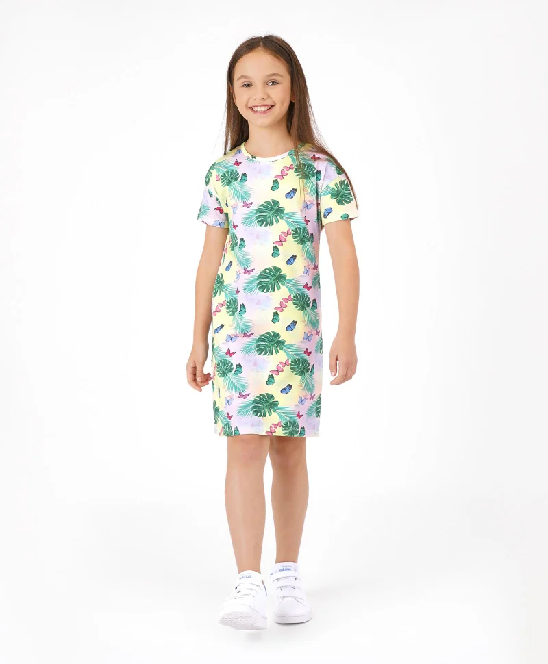 Primo Gino Primo Gino Cotton Elastane Short Sleeves Digital Leaf Printed Dress - Pink