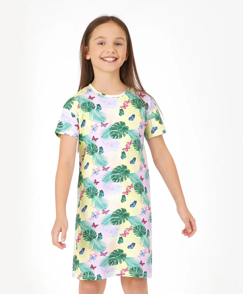 Primo Gino Primo Gino Cotton Elastane Short Sleeves Digital Leaf Printed Dress - Pink