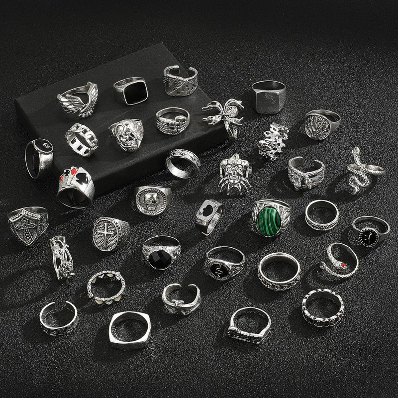 Vieyomn 34 Pcs Vintage Silvery Punk Ring for Women Men Gothic Signet Stackable Skull Poker Knuckle Rings Set - Image 4