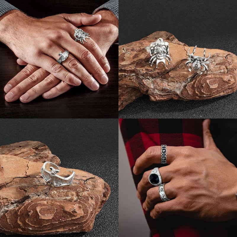 Vieyomn 34 Pcs Vintage Silvery Punk Ring for Women Men Gothic Signet Stackable Skull Poker Knuckle Rings Set - Image 3