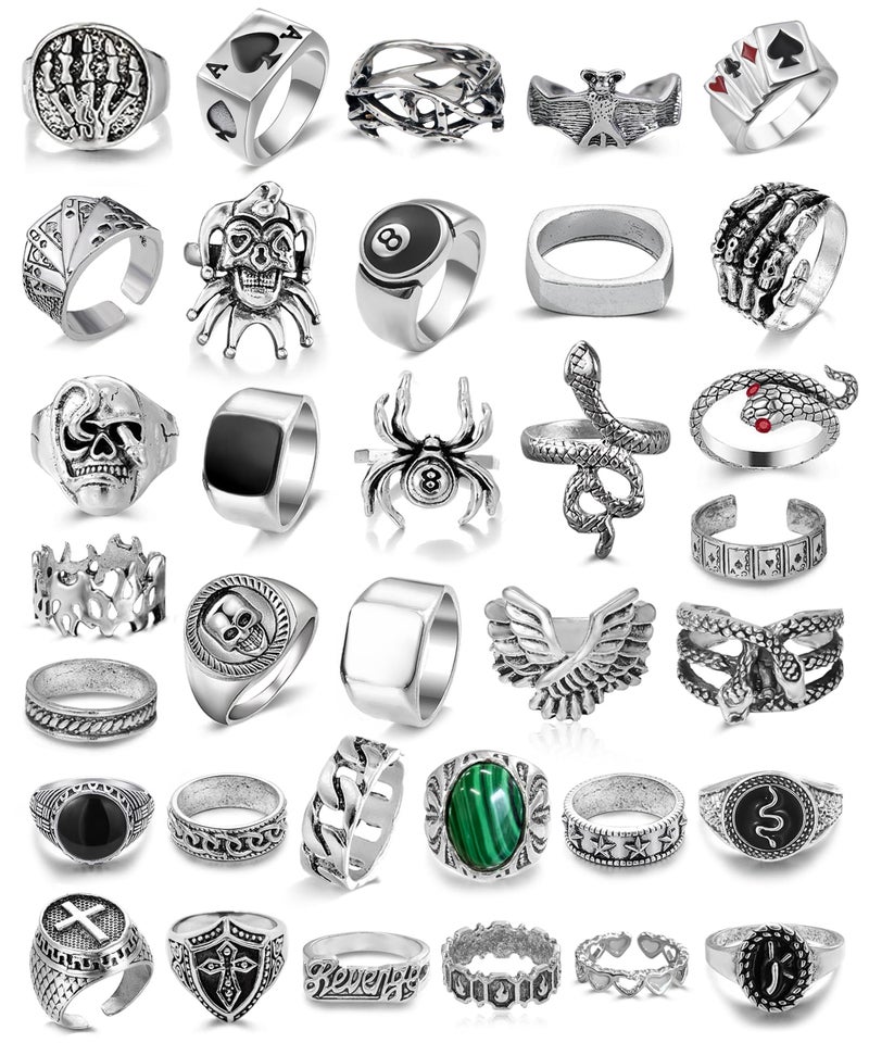 Vieyomn 34 Pcs Vintage Silvery Punk Ring for Women Men Gothic Signet Stackable Skull Poker Knuckle Rings Set - Image 1
