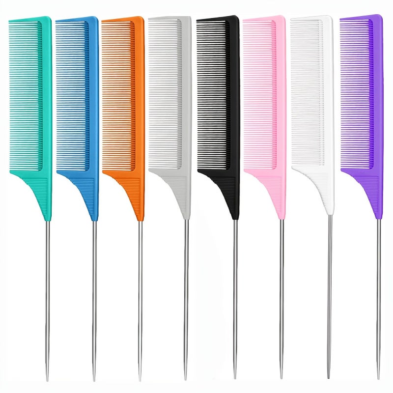Purple Carbon Fiber Rat Tail Comb Set 8pcs Heat Resistant Metal Pick Styling Combs - Image 1