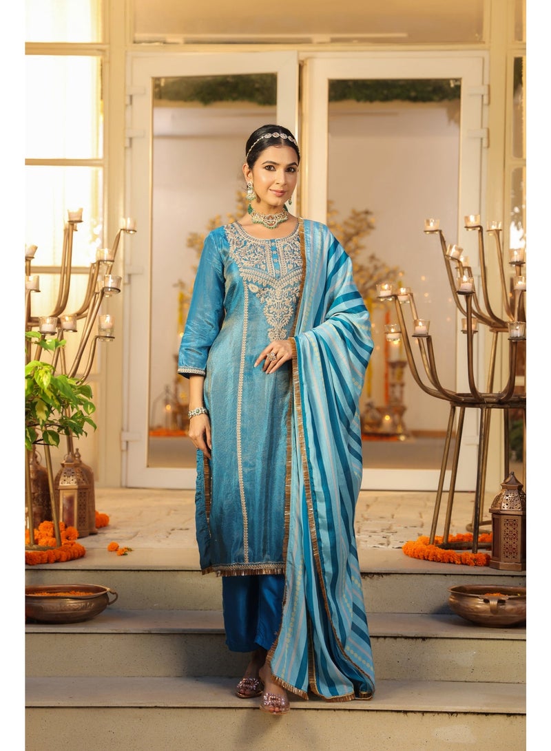 PRIYA’S PANACHE Bright Blue Shimmer Tissue Straight Kurta Set for Women with Chiffon Dupatta – Indian Ethnic Wear, Festive Kurti Set, Elegant Straight Pants, Party and Casual Wear - Image 1