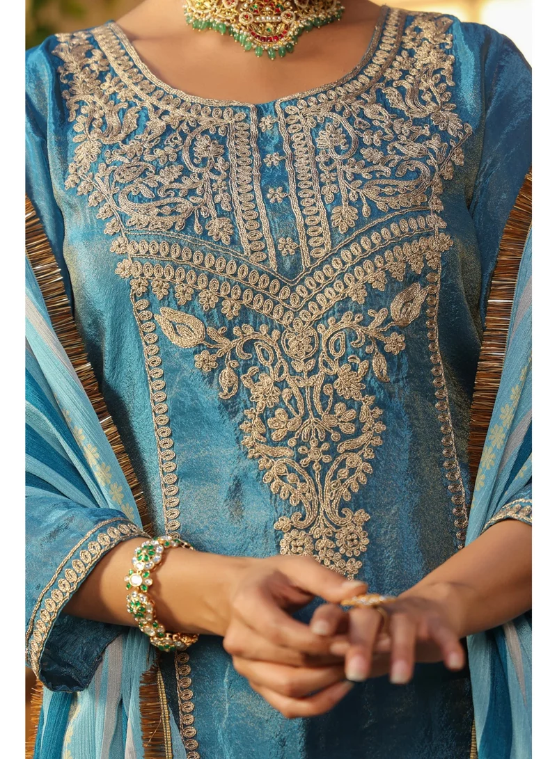 Priya’s Panache  Bright Blue Shimmer Tissue Straight Kurta Set for Women with Chiffon Dupatta – Indian Ethnic Wear, Festive Kurti Set, Elegant Straight Pants, Party and Casual Wear for Women | Best Price UAE