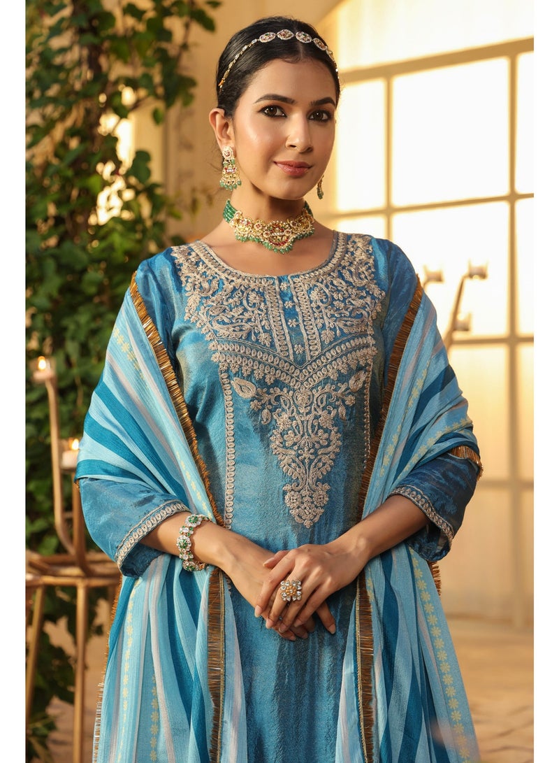 PRIYA’S PANACHE Bright Blue Shimmer Tissue Straight Kurta Set for Women with Chiffon Dupatta – Indian Ethnic Wear, Festive Kurti Set, Elegant Straight Pants, Party and Casual Wear - Image 2