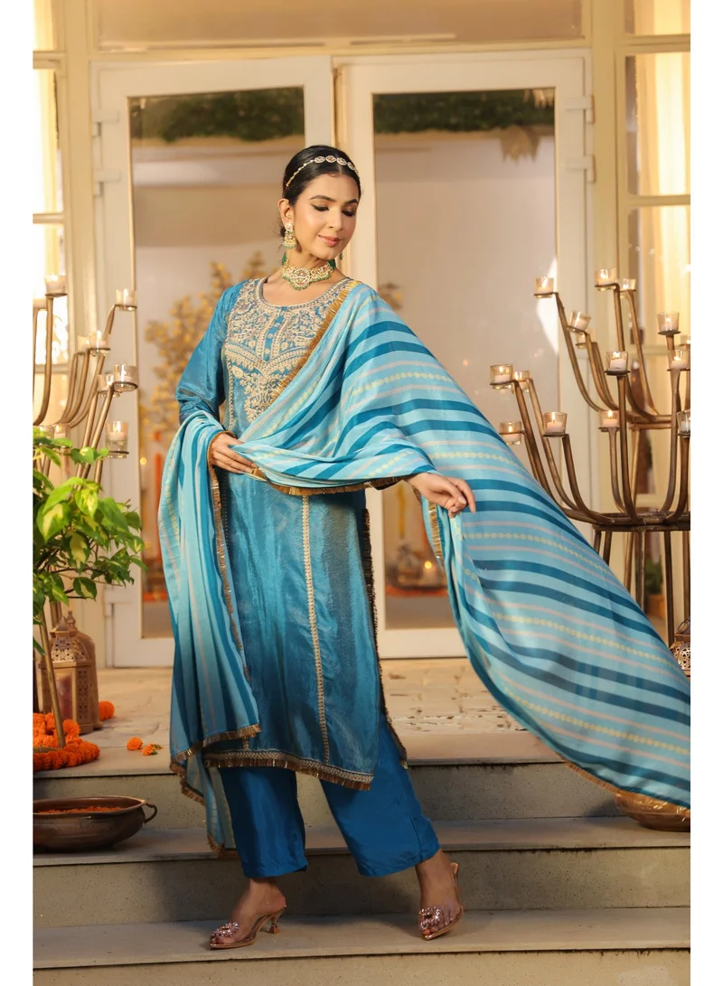 Priya’s Panache  Bright Blue Shimmer Tissue Straight Kurta Set for Women with Chiffon Dupatta – Indian Ethnic Wear, Festive Kurti Set, Elegant Straight Pants, Party and Casual Wear for Women | Best Price UAE