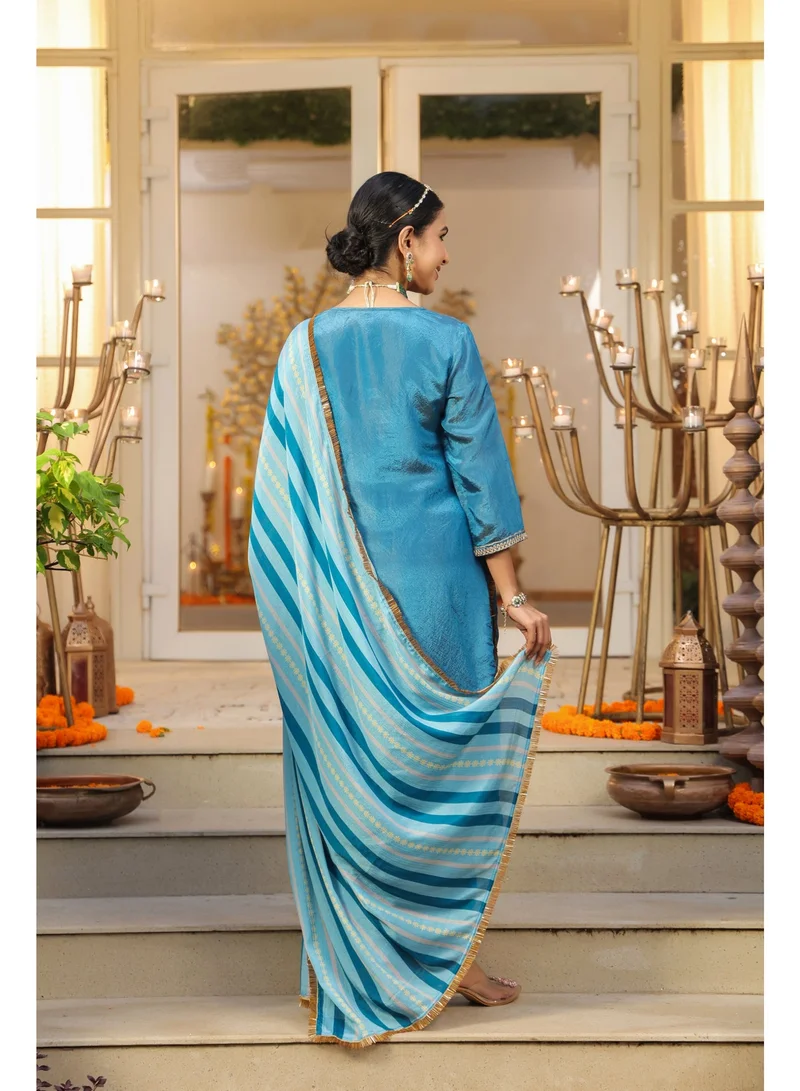 Priya’s Panache  Bright Blue Shimmer Tissue Straight Kurta Set for Women with Chiffon Dupatta – Indian Ethnic Wear, Festive Kurti Set, Elegant Straight Pants, Party and Casual Wear for Women | Best Price UAE