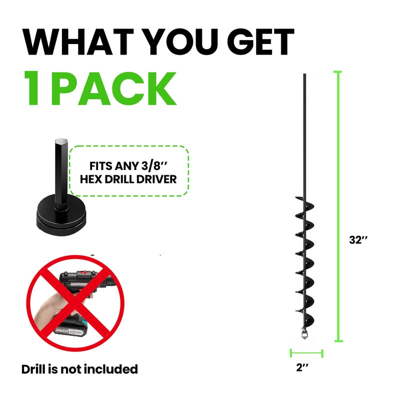 K-Brands Auger Drill Bit for Planting â€“ 2 x 32 Inch -No Squat Garden Spiral Hole and Bulb Planter Tool for Umbrella Holes - Compatible with 3/8 Inch Hex Drive - Image 2