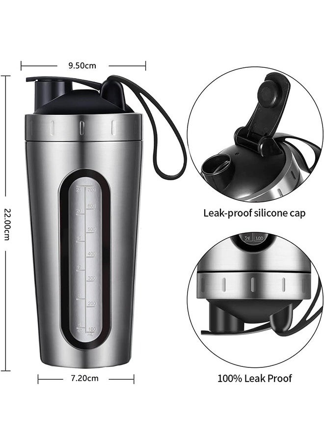 LENND - Protein Shaker Bottle, Protein Shaker Cup with shaker ball, Visible Window, Stainless Steel Shaker Bottle Leak Proof (silver) - Image 1