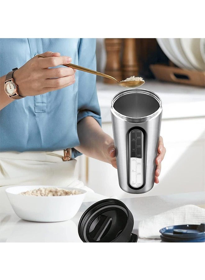 LENND - Protein Shaker Bottle, Protein Shaker Cup with shaker ball, Visible Window, Stainless Steel Shaker Bottle Leak Proof (silver) - Image 1