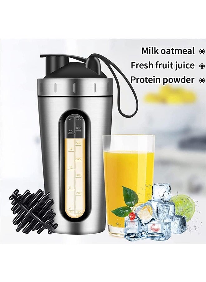 LENND - Protein Shaker Bottle, Protein Shaker Cup with shaker ball, Visible Window, Stainless Steel Shaker Bottle Leak Proof (silver) - Image 1