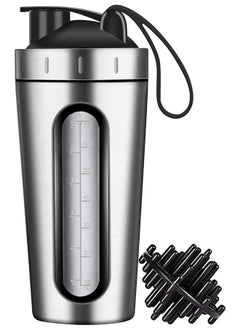 Protein Shaker Bottle, Protein Shaker Cup with shaker ball, Visible Window, Stainless Steel Shaker Bottle Leak Proof (silver)