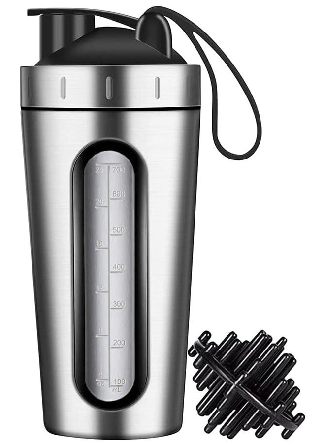 LENND - Protein Shaker Bottle, Protein Shaker Cup with shaker ball, Visible Window, Stainless Steel Shaker Bottle Leak Proof (silver) - Image 1