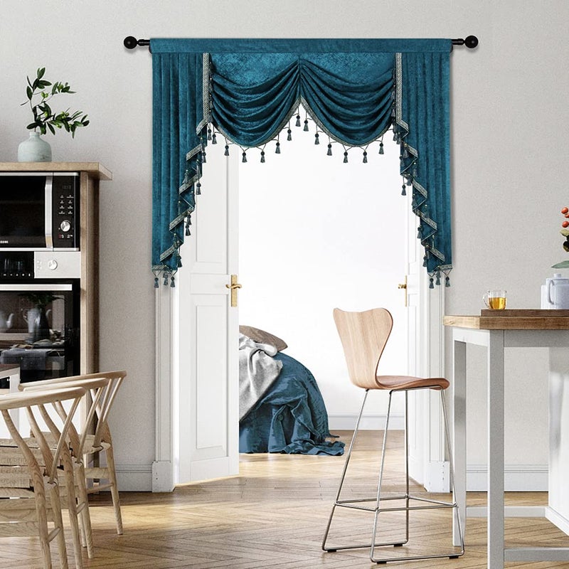 ELKCA Thick Chenille Window Curtains Valance for Living Room Peacock Blue Waterfall Valance for BedroomRod Pocket W591 Panel