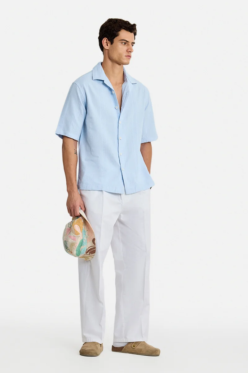 SNITCH Light Blue Textured Half Sleeve Oversized Shirt