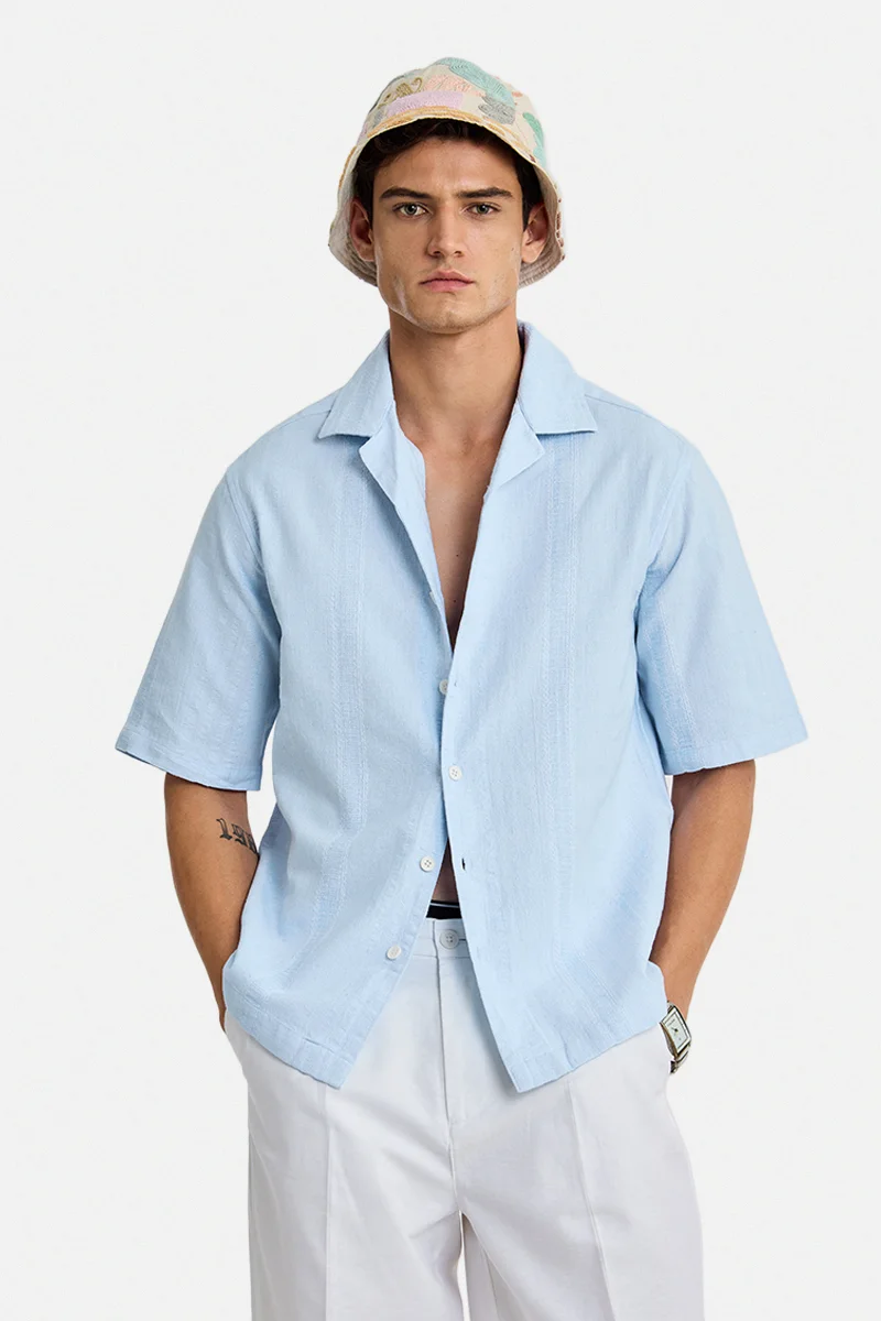 SNITCH Light Blue Textured Half Sleeve Oversized Shirt