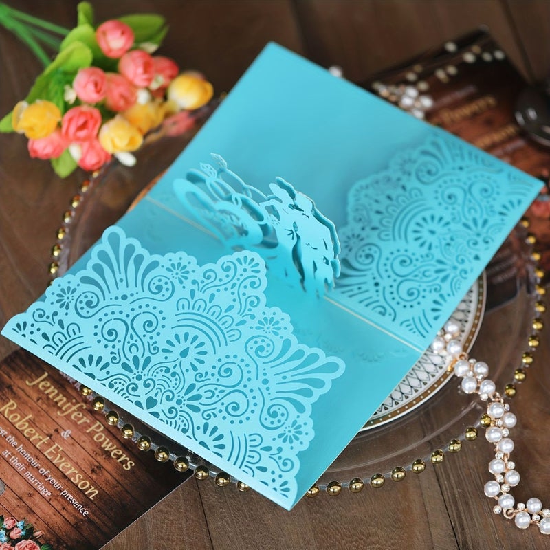 10 Sets Tifnirland Size Wedding Greeting Card Set with Envelope Dark Red Hollow Design - Image 5