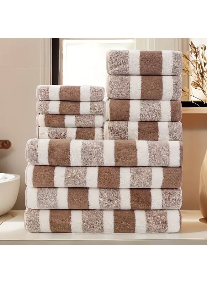 12 Pcs Coffee Color Super Soft Thick Wide Stripe Towel Set Including 4 Hand Towels 4 Bath Towels Outdoor Camping Hiking Business Venue Towel For Spa Foot Massage Sweat Bath Hotel Club - Image 5
