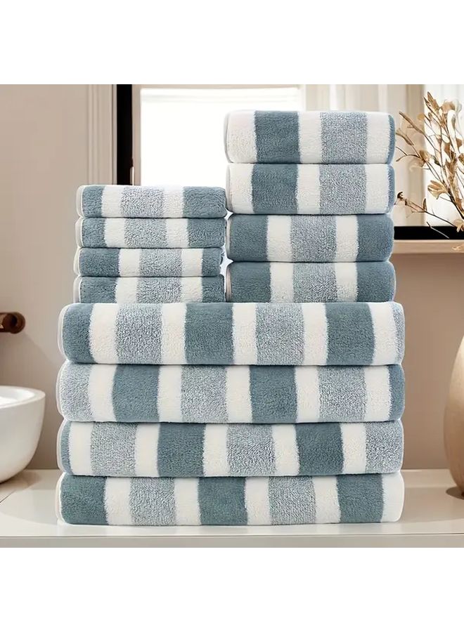 12 Pcs Coffee Color Super Soft Thick Wide Stripe Towel Set Including 4 Hand Towels 4 Bath Towels Outdoor Camping Hiking Business Venue Towel For Spa Foot Massage Sweat Bath Hotel Club - Image 1