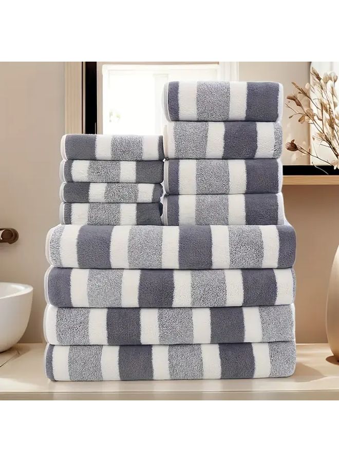 12 Pcs Coffee Color Super Soft Thick Wide Stripe Towel Set Including 4 Hand Towels 4 Bath Towels Outdoor Camping Hiking Business Venue Towel For Spa Foot Massage Sweat Bath Hotel Club - Image 3