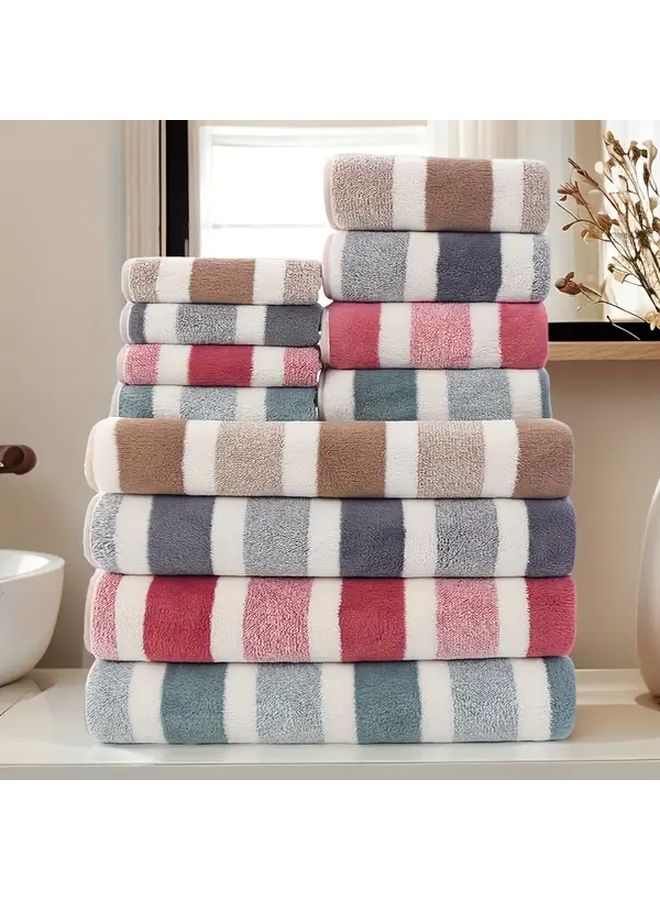 12 Pcs Coffee Color Super Soft Thick Wide Stripe Towel Set Including 4 Hand Towels 4 Bath Towels Outdoor Camping Hiking Business Venue Towel For Spa Foot Massage Sweat Bath Hotel Club - Image 2