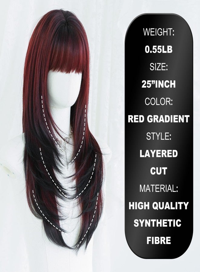 7 جي اتش اتش ويغز شعر مستعار صناعي طويل ومستقيم باللون الأحمر الداكن من 7JHH WIGS مع غرة، طوله 25 بوصة، ذو طبقات، مقاوم للصبغة، مصنوع من ألياف صناعية، مظهر طبيعي، مناسب للنساء، للحفلات التنكرية والاستخدام اليومي. - Image 2