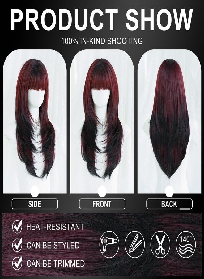 7 جي اتش اتش ويغز شعر مستعار صناعي طويل ومستقيم باللون الأحمر الداكن من 7JHH WIGS مع غرة، طوله 25 بوصة، ذو طبقات، مقاوم للصبغة، مصنوع من ألياف صناعية، مظهر طبيعي، مناسب للنساء، للحفلات التنكرية والاستخدام اليومي. - Image 4