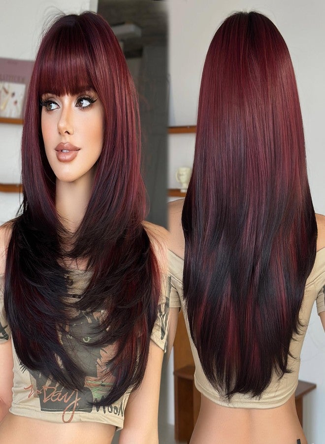 7 جي اتش اتش ويغز شعر مستعار صناعي طويل ومستقيم باللون الأحمر الداكن من 7JHH WIGS مع غرة، طوله 25 بوصة، ذو طبقات، مقاوم للصبغة، مصنوع من ألياف صناعية، مظهر طبيعي، مناسب للنساء، للحفلات التنكرية والاستخدام اليومي. - Image 5