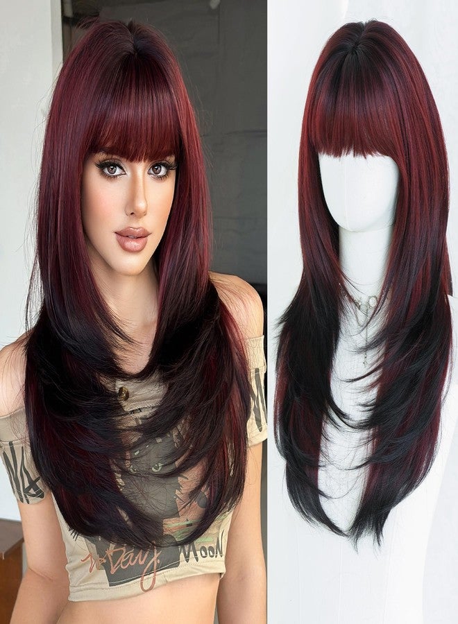 7 جي اتش اتش ويغز شعر مستعار صناعي طويل ومستقيم باللون الأحمر الداكن من 7JHH WIGS مع غرة، طوله 25 بوصة، ذو طبقات، مقاوم للصبغة، مصنوع من ألياف صناعية، مظهر طبيعي، مناسب للنساء، للحفلات التنكرية والاستخدام اليومي. - Image 1