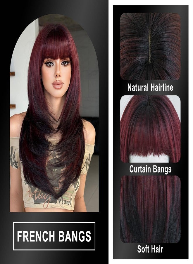 7 جي اتش اتش ويغز شعر مستعار صناعي طويل ومستقيم باللون الأحمر الداكن من 7JHH WIGS مع غرة، طوله 25 بوصة، ذو طبقات، مقاوم للصبغة، مصنوع من ألياف صناعية، مظهر طبيعي، مناسب للنساء، للحفلات التنكرية والاستخدام اليومي. - Image 3