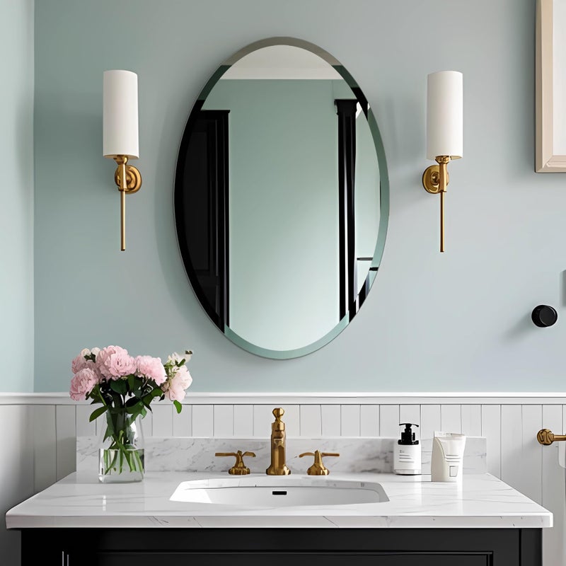 Ruomeng Oval Mirror Frameless Bathroom Mirror for Over Sink, Beveled Polished Wall Mirror for Bathroom, Bedroom, Vanity and Entryway 16" x 24" - Image 1
