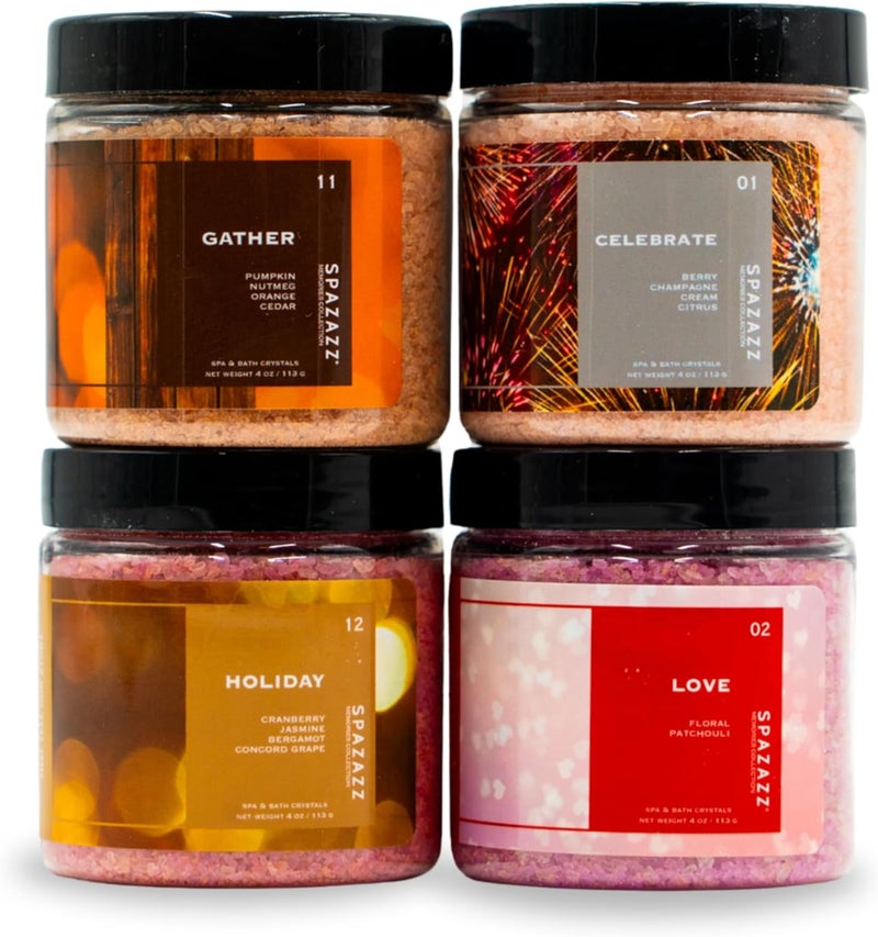 Spazazz Hot Tub Aromatherapy Memories Collection Bath Salts Set Four4 Oz Pack  Love Holiday Celebrate Gather  Spazazz Hot Tub Crystals and Bath Salts are OilFree  Safe for All Spas