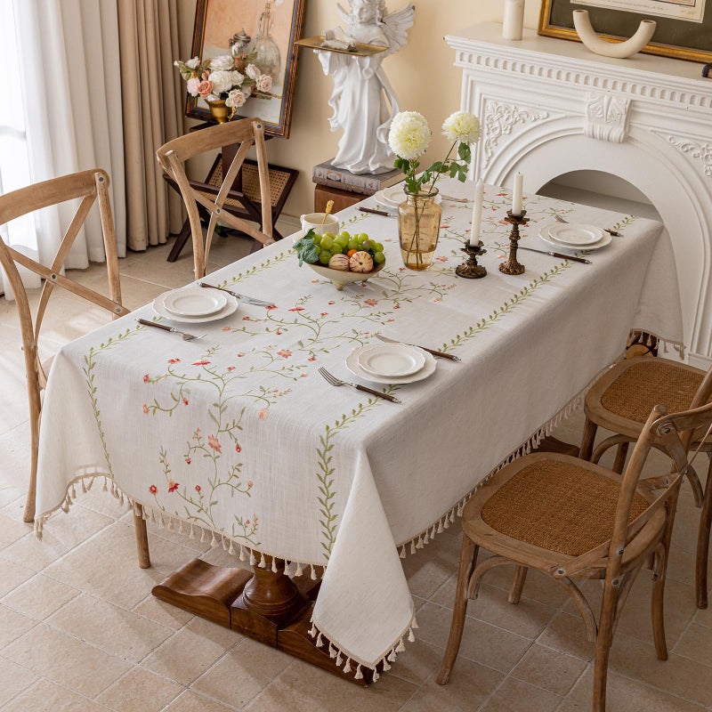 Joyfol Day Linen Spring Flowers Tablecloth with Tassels, Rustic Farmhouse Embroidery Waterproof Table Cloths for Rectangle Tables, Heavy Weight Spill-Proof Table Covers, Pink Florals, 55''x 70'' - Image 1