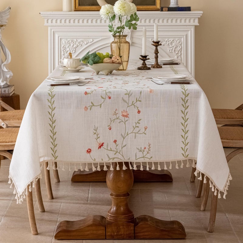 Joyfol Day Linen Spring Flowers Tablecloth with Tassels, Rustic Farmhouse Embroidery Waterproof Table Cloths for Rectangle Tables, Heavy Weight Spill-Proof Table Covers, Pink Florals, 55''x 70'' - Image 2