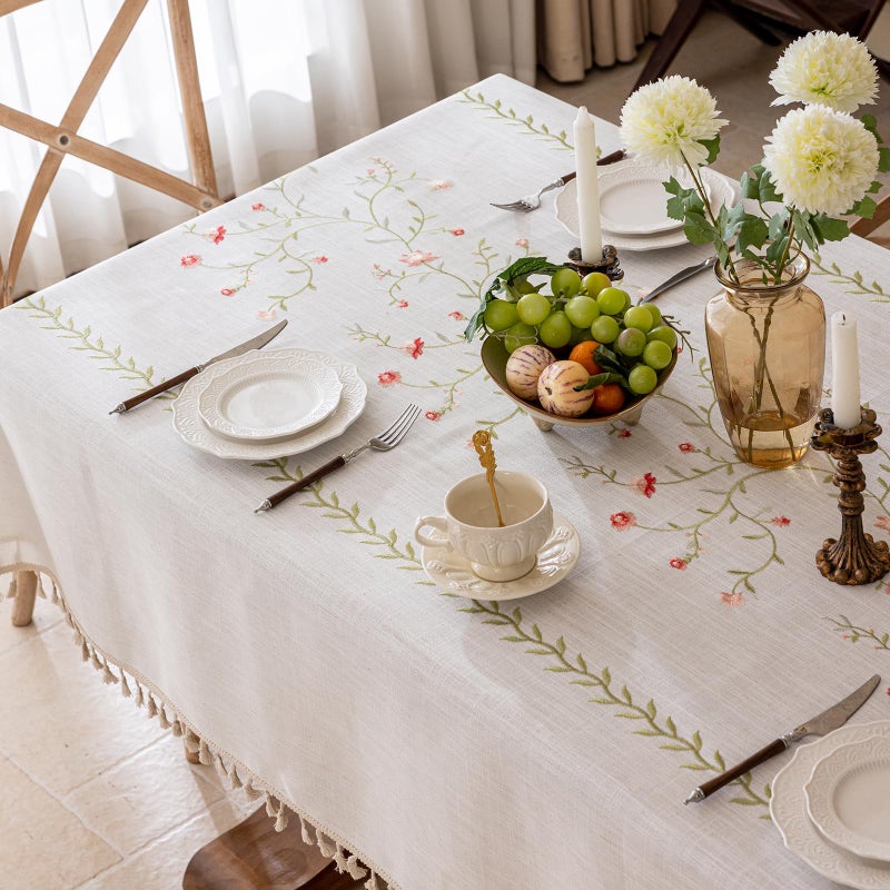 Joyfol Day Linen Spring Flowers Tablecloth with Tassels, Rustic Farmhouse Embroidery Waterproof Table Cloths for Rectangle Tables, Heavy Weight Spill-Proof Table Covers, Pink Florals, 55''x 70'' - Image 3