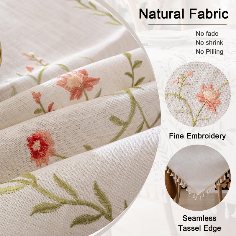 Joyfol Day Linen Spring Flowers Tablecloth with Tassels, Rustic Farmhouse Embroidery Waterproof Table Cloths for Rectangle Tables, Heavy Weight Spill-Proof Table Covers, Pink Florals, 55''x 70'' - Image 4