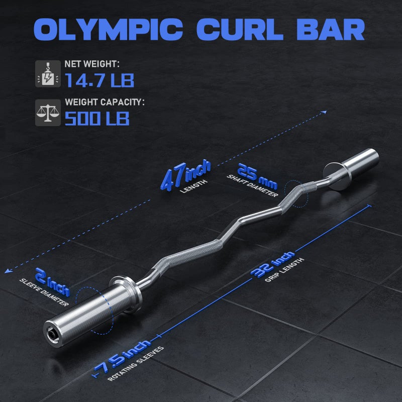 ExtreSpo Olympic EZ Curl Bar, 47" Barbell Bar for Weight Lifting, Biceps, triceps, Back/Leg Muscle Group exercise,Chrome Curling Bar for 2 Inch Weight Plates,with 2 Spring Collars - Image 2