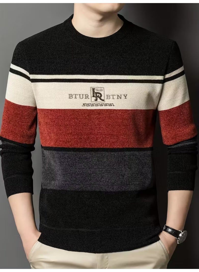 Men'S Winter Striped Crew Neck Sweater, Thickened Polyester, Casual Round Neck, Regular Fit, Long Sleeve, Knitted Pullover with Ribbed Hem and Cuffs, Fashionable Letter Pattern, Winter Warmth Top - Image 1