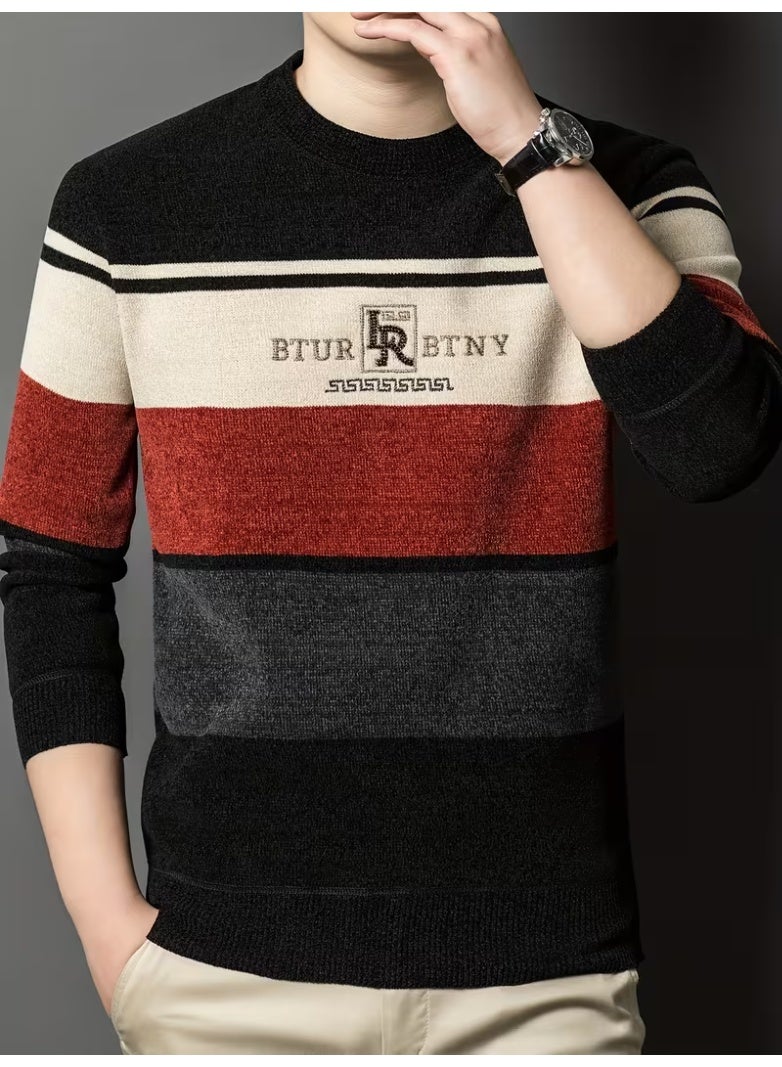Men'S Winter Striped Crew Neck Sweater, Thickened Polyester, Casual Round Neck, Regular Fit, Long Sleeve, Knitted Pullover with Ribbed Hem and Cuffs, Fashionable Letter Pattern, Winter Warmth Top - Image 2