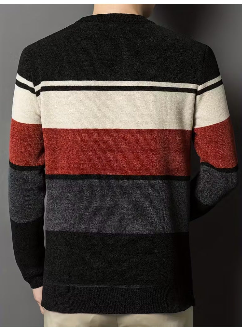 Men'S Winter Striped Crew Neck Sweater, Thickened Polyester, Casual Round Neck, Regular Fit, Long Sleeve, Knitted Pullover with Ribbed Hem and Cuffs, Fashionable Letter Pattern, Winter Warmth Top - Image 3