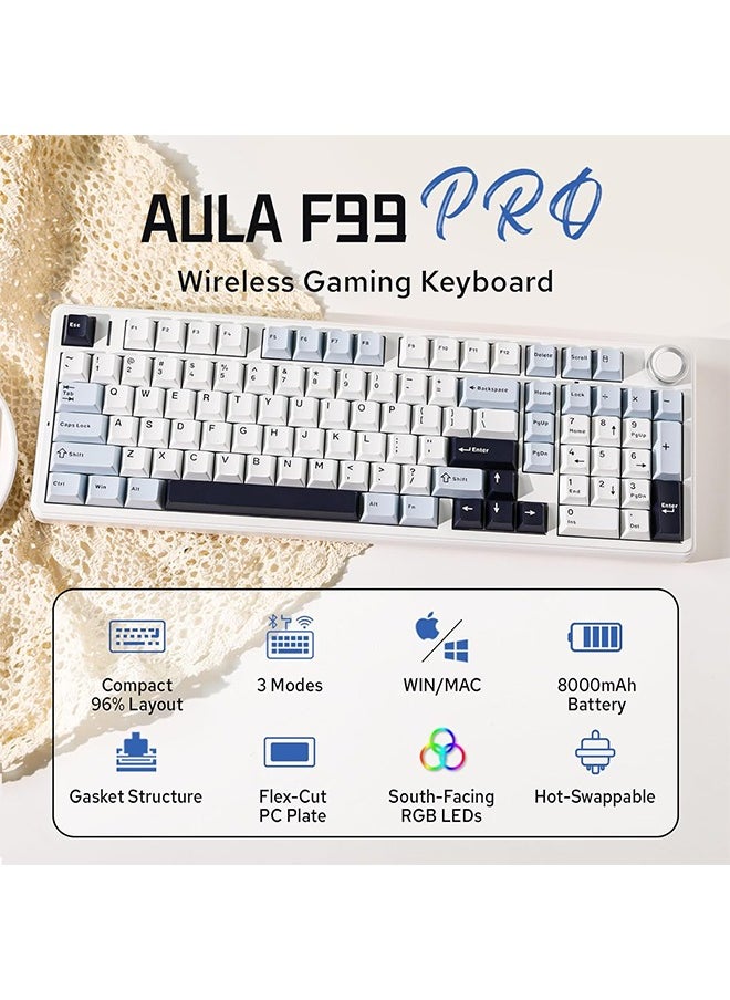 AULA - Aula F99 PRO 96% Mechanical Gaming Keyboard, BT5.0/USB-C/2.4GHz Wireless, Hot Swappable Gasket Custom Keyboard with 8000mAH Battery, Rotary Knob, RGB Backlit for Win/Mac (White Blue) - Image 1