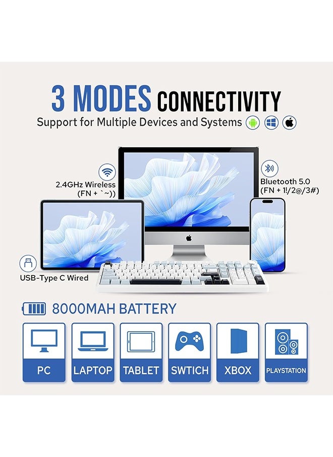 AULA - Aula F99 PRO 96% Mechanical Gaming Keyboard, BT5.0/USB-C/2.4GHz Wireless, Hot Swappable Gasket Custom Keyboard with 8000mAH Battery, Rotary Knob, RGB Backlit for Win/Mac (White Blue) - Image 1