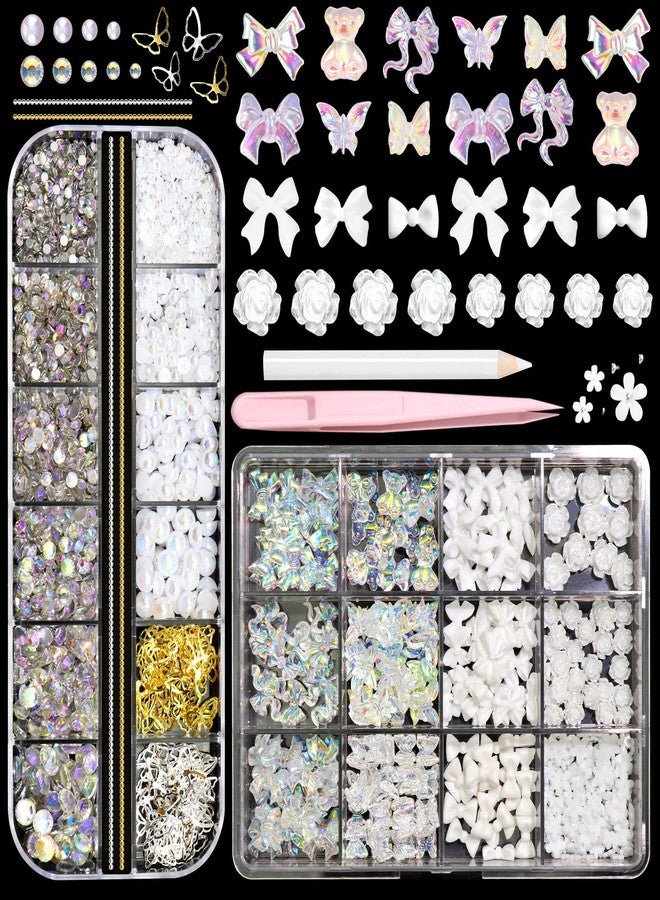 BELICEY 3D Nail Charms Set White Assorted Butterfly Flower Bear Charms for Nails Acrylic Flatback Pearls Starry AB Crystals Rhinestones for Manicure DIY Nail Art Design with Tweezer Picker Pen - Image 1