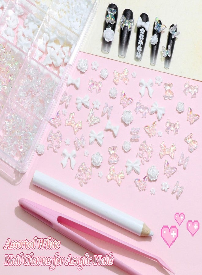 BELICEY 3D Nail Charms Set White Assorted Butterfly Flower Bear Charms for Nails Acrylic Flatback Pearls Starry AB Crystals Rhinestones for Manicure DIY Nail Art Design with Tweezer Picker Pen - Image 3