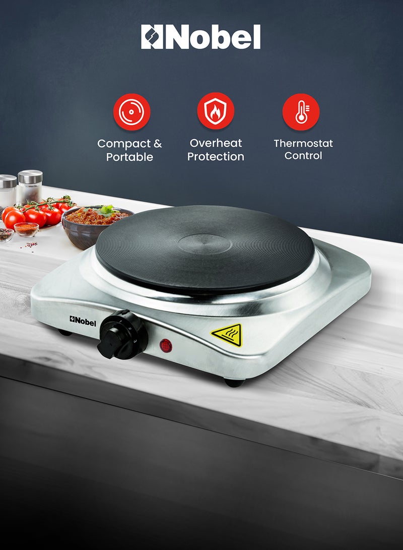 Nobel Electric Single Hot Plate with Overheat Protection, Indication Light, and has single 185MM Hot Plate, Automatic Ignition System 1500 W NHP401SS Silver - Image 1