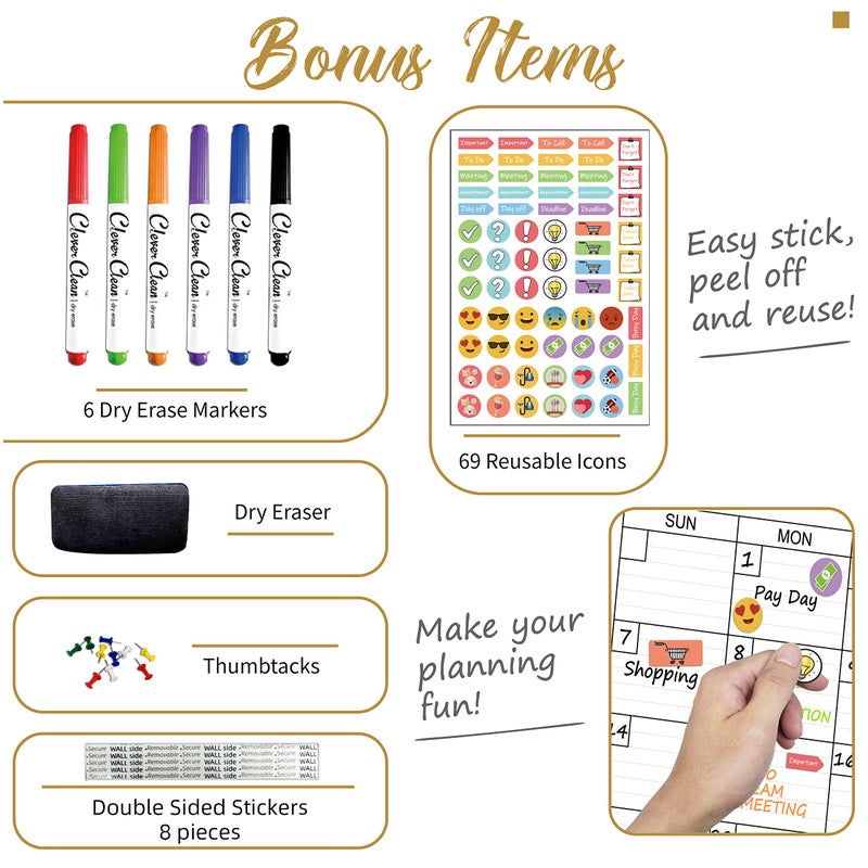 Clever Clean تقويم حائط كبير قابل للمسح CLEVER CLEAN - 24"x 36" تقويم شهري غير مؤرخ للمنزل، المكتب، الفصل الدراسي - منظم مهام قابل لإعادة الاستخدام ومغلف - Image 3