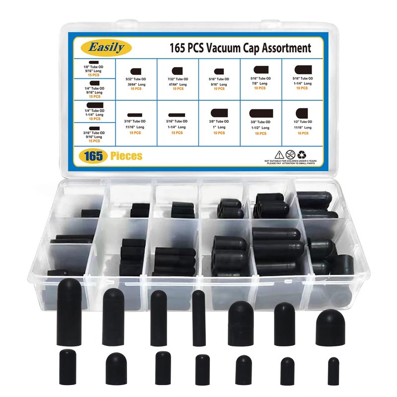 Vacuum Caps Rubber Plug Kit 165 PCS 14 Size Assorted Vacuum Plugs Hose End Caps Assortment Kit for Carburetor Manifold Automotive 316 516 732 14 532 38 18 12