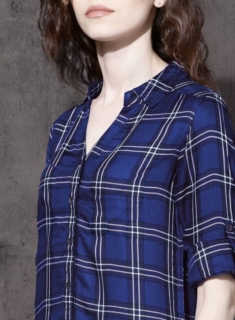 صن سيت قميص/شميز نسائي كاجوال سليم فيت كاروهات ازرق - Image 2