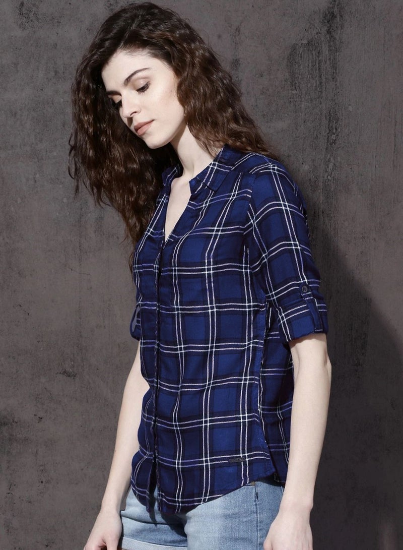 صن سيت قميص/شميز نسائي كاجوال سليم فيت كاروهات ازرق - Image 5