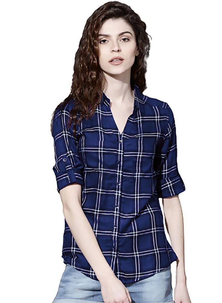 صن سيت قميص/شميز نسائي كاجوال سليم فيت كاروهات ازرق - Image 1